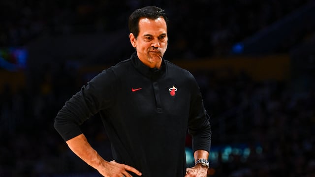 Nov 2, 2025; Los Angeles, California, USA; Miami Heat Head Coach Erik Spoelstra reacts during the game against the Los Angeles Lakers during the first half at Crypto.com Arena. Mandatory Credit: Jonathan Hui-Imagn Images