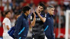 Sevilla, 25/10/2022.- El delantero de la Real Sociedad, Carlos Fernández, abandona el terreno de juego tras ser sustituido al sufrir una lesión durante el encuentro correspondiente a la jornada catorce de primera división que disputan hoy miércoles frente al Sevilla en el estadio Sánchez Pizjuán, en Sevilla. EFE/José Manuel Vidal.
