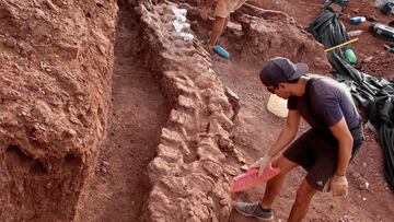 Handout picture released on January 20, 2021 by the CTyS-UNLaM Science Outreach Agency showing palaeontologists during an excavation in which 98 million-year-old fossils were found, at the Candeleros Formation in the Neuquen River Valley in southwest Arge