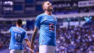 Carlos Rotondi celebrates his goal 3-1 of cruz Azul during the 14th round match between Cruz Azul and Pumas UNAM as part of the Liga BBVA MX, Torneo Clausura 2025 at Cuauhtemoc Stadium, on April 05, 2025 in Puebla, Mexico.