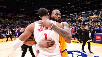 LOS ANGELES, CA - JANUARY 16: Jabari Smith Jr. #1 of the Houston Rockets and LeBron James #6 of the Los Angeles Lakers after the game on January 16, 2023 at Crypto.Com Arena in Los Angeles, California. NOTE TO USER: User expressly acknowledges and agrees that, by downloading and/or using this Photograph, user is consenting to the terms and conditions of the Getty Images License Agreement. Mandatory Copyright Notice: Copyright 2023 NBAE (Photo by Adam Pantozzi/NBAE via Getty Images)