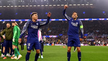 Soccer Football - Champions League - Quarter Final - Second Leg - Aston Villa v Paris St Germain - Villa Park, Birmingham, Britain - April 15, 2025 Paris St Germain's Desire Doue and Paris St Germain's Marquinhos celebrate after the match REUTERS/Hannah Mckay TPX IMAGES OF THE DAY
