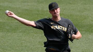 Jul 18, 2023; Pittsburgh, Pennsylvania, USA;  Pittsburgh Pirates pitcher Paul Skenes, the Pirates first pick and overall number one pick in the 2023 MLB Draft, throws in the outfield before the game against the Cleveland Guardians at PNC Park. Mandatory Credit: Charles LeClaire-USA TODAY Sports