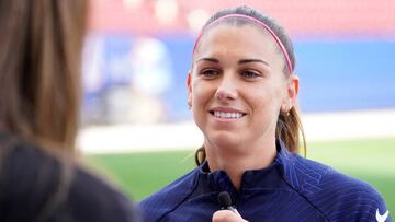 FRISCO, TEXAS - FEBRUARY 21: Alex Morgan #13 of the United States speaks to media ahead of a training session at the 2023 SheBelieves Cup at Toyota Stadium on February 21, 2023 in Frisco, Texas. (Photo by Sam Hodde/Getty Images)