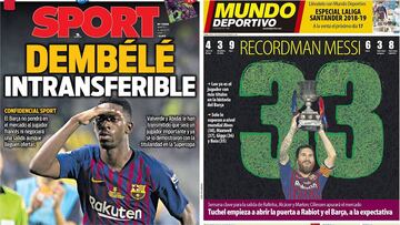 Portada de Sport y Mundo Deportivo del 14 de agosto de 2018, con protagonismo para Ousmane Dembelé y el récord de títulos de Leo Messi con el Barcelona.