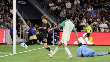 LOS ANGELES, CALIFORNIA - OCTOBER 29: Nathan Ordaz #27 of LAFC scores a goal against Brad Stuver #1 of Austin FC during the second half of an 2025 MLS Cup Playoffs game at BMO Stadium on October 29, 2025 in Los Angeles, California. Kevork Djansezian/Getty Images/AFP (Photo by KEVORK DJANSEZIAN / GETTY IMAGES NORTH AMERICA / Getty Images via AFP)