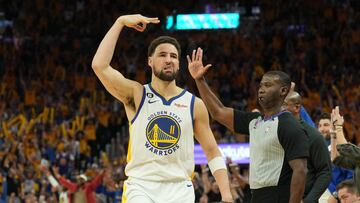 Apr 23, 2023; San Francisco, California, USA; Golden State Warriors guard Klay Thompson (11) gestures after making a three point basket against the Sacramento Kings during the third quarter of game four of the 2023 NBA playoffs at Chase Center. Mandatory Credit: Darren Yamashita-USA TODAY Sports