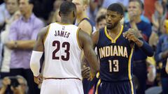 Nov 8, 2015; Cleveland, OH, USA; Indiana Pacers forward Paul George (13) and Cleveland Cavaliers forward LeBron James (23) talk after a 101-97 win by Cleveland at Quicken Loans Arena. Mandatory Credit: David Richard-USA TODAY Sports