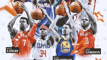 Los participantes en el concurso de triples: Eric Gordon (campe&oacute;n en 2017), Klay Thompson, Bradley Beal, Paul George, Kyle Lowry, Devin Booker, Tobias Harris y Wayne Ellington.