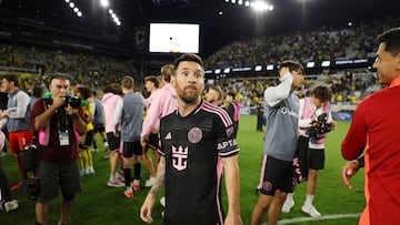 Oct 2, 2024; Columbus, Ohio, USA; Inter Miami CF forward Lionel Messi (10) walks on the field after the game against the Columbus Crew at Lower.com Field. Mandatory Credit: Trevor Ruszkowski-Imagn Images