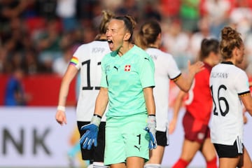 ERFURT, GERMANY - JUNE 24: Gaelle Thalmann of Switzerland reacts during the Women's International friendly match between Germany and Switzerland at Steigerwaldstadion on June 24, 2022 in Erfurt, Germany. (Photo by Martin Rose/Getty Images)