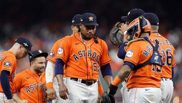 HOUSTON, TEXAS - OCTOBER 22: Framber Valdez #59 of the Houston Astros talks with Joshua Miller #36 on the pitcher's mound against the Texas Rangers during the fifth inning in Game Six of the American League Championship Series at Minute Maid Park on October 22, 2023 in Houston, Texas. Carmen Mandato/Getty Images/AFP (Photo by Carmen Mandato / GETTY IMAGES NORTH AMERICA / Getty Images via AFP)