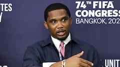 President of the Cameroonian Football Federation and former professional footballer Samuel Eto'o speaks on the day of the 74th FIFA Congress at the Queen Sirikit National Convention Center, in Bangkok, Thailand, May 17, 2024. REUTERS/Athit Perawongmetha,