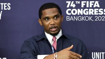 President of the Cameroonian Football Federation and former professional footballer Samuel Eto'o speaks on the day of the 74th FIFA Congress at the Queen Sirikit National Convention Center, in Bangkok, Thailand, May 17, 2024. REUTERS/Athit Perawongmetha,