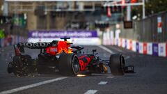 BAKU, AZERBAIJAN - JUNE 06: The rear left tyre of Max Verstappen of the Netherlands driving the (33) Red Bull Racing RB16B Honda fails leading to a crash and his retirement during the F1 Grand Prix of Azerbaijan at Baku City Circuit on June 06, 2021 in Baku, Azerbaijan. (Photo by Evgeniy Safronov/Getty Images)