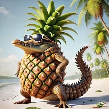 Una mezcla entre un cocodrilo y una pi?a. Lleva gafas de sol y vive cerca del mar.