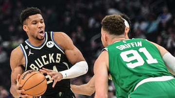 Feb 14, 2023; Milwaukee, Wisconsin, USA; Milwaukee Bucks forward Giannis Antetokounmpo (34) drives for the basket against Boston Celtics forward Blake Griffin (91) in the first quarter at Fiserv Forum. Mandatory Credit: Benny Sieu-USA TODAY Sports