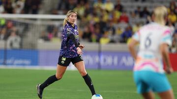 Oct 16, 2024; San Diego, CA, USA; Club America defender Jocelyn Orejel (2) dribbles the ball against San Diego Wave FC during the second half at Snapdragon Stadium. Mandatory Credit: Abe Arredondo-Imagn Images