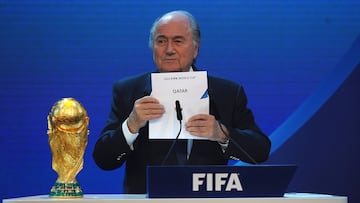 ZURICH, SWITZERLAND - DECEMBER 02: FIFA President Joseph S Blatter names Qatar as the winning hosts of 2022 duirng the FIFA World Cup 2018 & 2022 Host Countries Announcement at the Messe Conference Centre on December 2, 2010 in Zurich, Switzerland. (Photo by Laurence Griffiths/Getty Images)