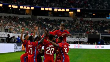 Jul 8, 2023; Arlington, Texas, USA; Panama celebrates after forward Ismael Diaz (11) scores his third goal against Qatar during the second half at AT&T Stadium. Mandatory Credit: Jerome Miron-USA TODAY Sports