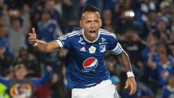 Juan Guillermo Dom&iacute;nguez celebrando su gol con Millonarios ante Nacional por la Liga &Aacute;guila I-2018