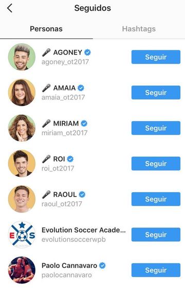 Agoney, Amaia, Miriam, Roi y Raoul, seguidos por Cavani en Instagram