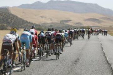 El pelotón durante la quinta etapa de La Vuelta Ciclista a España 2014 en su 69 edición, de 183,3 kilómetros, que ha comenzado en el municipio cordobés de Priego de Córdoba y termina en la localidad malagueña de Ronda.