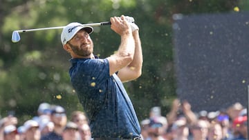 Sep 4, 2022; Boston, Massachusetts, USA; Dustin Johnson captain of team Aces tees off on the 17th during the final round of the LIV Golf tournament at The International. Mandatory Credit: Richard Cashin-USA TODAY Sports