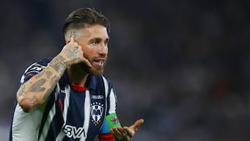 Monterrey's Spanish defender #93 Sergio Ramos celebrates after scoring his team second goal during the Liga MX Clausura football match between Monterrey and Santos at the BBVA Stadium in Monterrey, Mexico on March 2, 2025. (Photo by Julio Cesar AGUILAR / AFP)