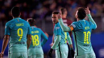 Football Soccer - Eibar v Barcelona - Spanish Liga Santander - Ipurua, Eibar, Spain - 22/01/2017 Barcelona's Lionel Messi celebrates a goal alongside teammates Luis Suarez and Neymar REUTERS/Vincent West