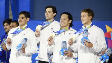 during the Mens 4 x 100m Freestyle Relay swimming competition at the San Salvador 2023 Central American and Caribbean Games, at the Merliot Aquatic Complex, on June 25, 2023.
<br><br>
durante la competencia de Natacion Relevos 4 x 100 m estilo libre masculino, en los Juegos Centroamericanos y del Caribe San Salvador 2023, en el Complejo Acuatico Merliot, el 25 de Junio 2023.