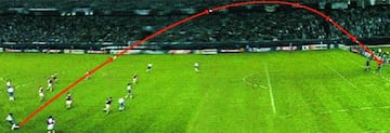 La parábola que tomó el disparo de Nayim desde prácticamente el centro del campo para lograr el gol de la victoria en el último minuto de la prórroga en la final de la Recopa de 1995 frente al Arsenal.