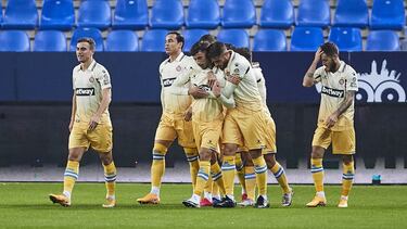 MALAGA, SPAIN - NOVEMBER 02: Adrian Embarba of RCD Espanyol celebrates scoring his team's opening goal with team mates during the La Liga Smartbank match between Malaga CF and RCD Espanyol at La Rosaleda Stadium on November 02, 2020 in Malaga, Spain. (Pho