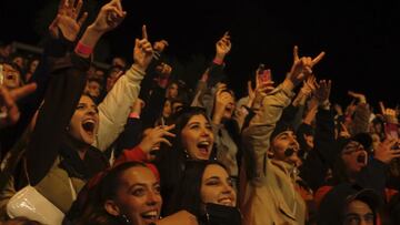 Público de un concierto del Valencia European Skateboarding Open gritando, sonriendo y levantando los brazos.