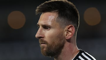 Argentina's forward Lionel Messi looks on during the 2026 FIFA World Cup South American qualification football match between Argentina and Paraguay at the Mas Monumental stadium in Buenos Aires, on October 12, 2023. (Photo by Alejandro PAGNI / AFP)