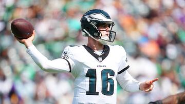PHILADELPHIA, PENNSYLVANIA - AUGUST 24: Tanner McKee #16 of the Philadelphia Eagles passes the ball against the Minnesota Vikings in the second half of the preseason game at Lincoln Financial Field on August 24, 2024 in Philadelphia, Pennsylvania. The Vikings defeated the Eagles 26-3. Mitchell Leff/Getty Images/AFP (Photo by Mitchell Leff / GETTY IMAGES NORTH AMERICA / Getty Images via AFP)