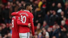 Soccer Football - Premier League - Manchester United v Manchester City - Old Trafford, Manchester, Britain - January 14, 2023 Manchester United's Bruno Fernandes and Marcus Rashford celebrate after the match REUTERS/Phil Noble EDITORIAL USE ONLY. No use with unauthorized audio, video, data, fixture lists, club/league logos or 'live' services. Online in-match use limited to 75 images, no video emulation. No use in betting, games or single club /league/player publications.  Please contact your account representative for further details.