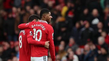 Soccer Football - Premier League - Manchester United v Manchester City - Old Trafford, Manchester, Britain - January 14, 2023 Manchester United's Bruno Fernandes and Marcus Rashford celebrate after the match REUTERS/Phil Noble EDITORIAL USE ONLY. No use with unauthorized audio, video, data, fixture lists, club/league logos or 'live' services. Online in-match use limited to 75 images, no video emulation. No use in betting, games or single club /league/player publications.  Please contact your account representative for further details.