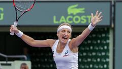 Timea Bacsinszky celebrates her victory over Simona Halep. 