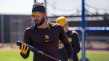 Feb 18, 2024; Peoria, AZ, USA; San Diego Padres outfielder Fernando Tatis Jr. (23) reacts after batting practice during a workout day at Peoria Sports Complex. Mandatory Credit: Allan Henry-USA TODAY Sports