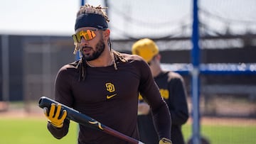 Feb 18, 2024; Peoria, AZ, USA; San Diego Padres outfielder Fernando Tatis Jr. (23) reacts after batting practice during a workout day at Peoria Sports Complex. Mandatory Credit: Allan Henry-USA TODAY Sports