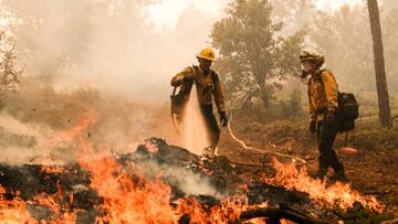 Firefighters work to control a backfire operation conducted to slow the advancement on a hillside during the Oak Fire in Mariposa County, California.