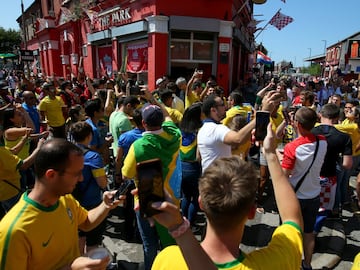 Brazil fans enjoy the pre match atmosphere outside the stadium prior to the friendly meeting with Croatia at Anfield