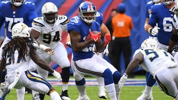 Oct 8, 2017; East Rutherford, NJ, USA; New York Giants wide receiver Brandon Marshall (15) reception in the 1st half against the Chargers at MetLife Stadium. Mandatory Credit: Robert Deutsch-USA TODAY Sports