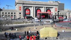 A view of the Union Station area after shots were fired near the Kansas City Chiefs' Super Bowl LVIII victory parade on February 14, 2024, in Kansas City, Missouri. Multiple people were injured after gunfire erupted at the Kansas City Chiefs Super Bowl victory rally on Wednesday, local police said. (Photo by ANDREW CABALLERO-REYNOLDS / AFP)