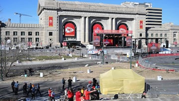 A view of the Union Station area after shots were fired near the Kansas City Chiefs' Super Bowl LVIII victory parade on February 14, 2024, in Kansas City, Missouri. Multiple people were injured after gunfire erupted at the Kansas City Chiefs Super Bowl victory rally on Wednesday, local police said. (Photo by ANDREW CABALLERO-REYNOLDS / AFP)