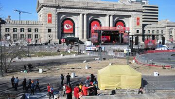 A view of the Union Station area after shots were fired near the Kansas City Chiefs' Super Bowl LVIII victory parade on February 14, 2024, in Kansas City, Missouri. Multiple people were injured after gunfire erupted at the Kansas City Chiefs Super Bowl victory rally on Wednesday, local police said. (Photo by ANDREW CABALLERO-REYNOLDS / AFP)