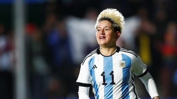 Soccer - Women's International Friendly - Argentina v Peru - Estadio Unico de San Nicolas, Buenos Aires, Argentina - July 14, 2023 Argentina's Yamila Rodriguez celebrates after scoring. REUTERS/Agustin Marcarian