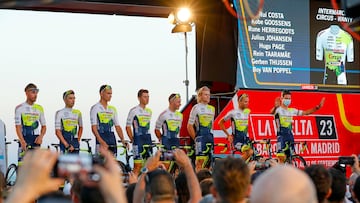 El conjunto Intermarché Circus-Wanty en el escenario de la plaza del Mar.