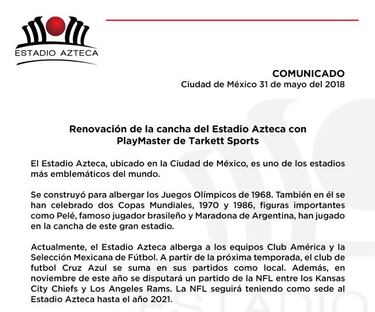 Estadio Azteca culpa a las lluvias por el mal estado de su cancha